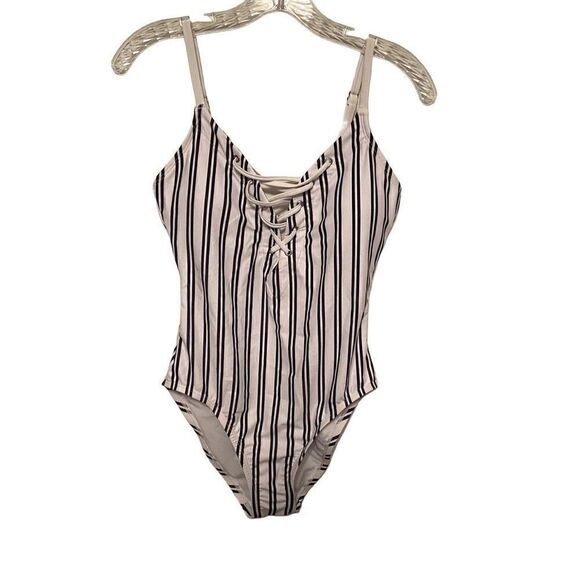 Nautica Slimming White One Piece Swimsuit Black Vertical Stripes Lace Up Large - Picture 1 of 4